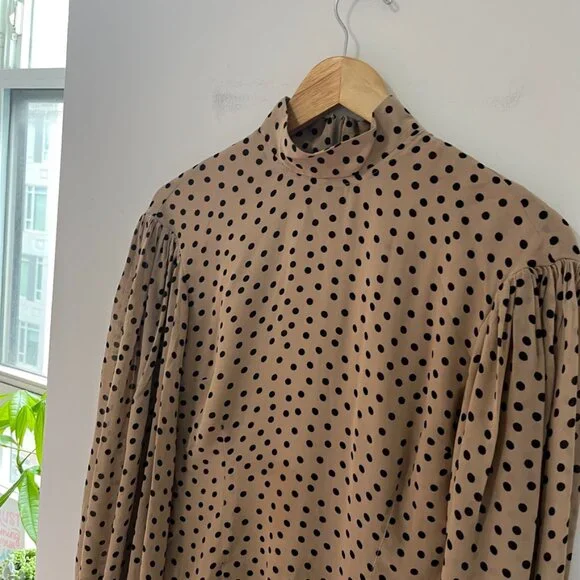 Ganni Brown & Black Polka Dot High Neck Long Sleeve Blouse Size 34 - Picture 2 of 8